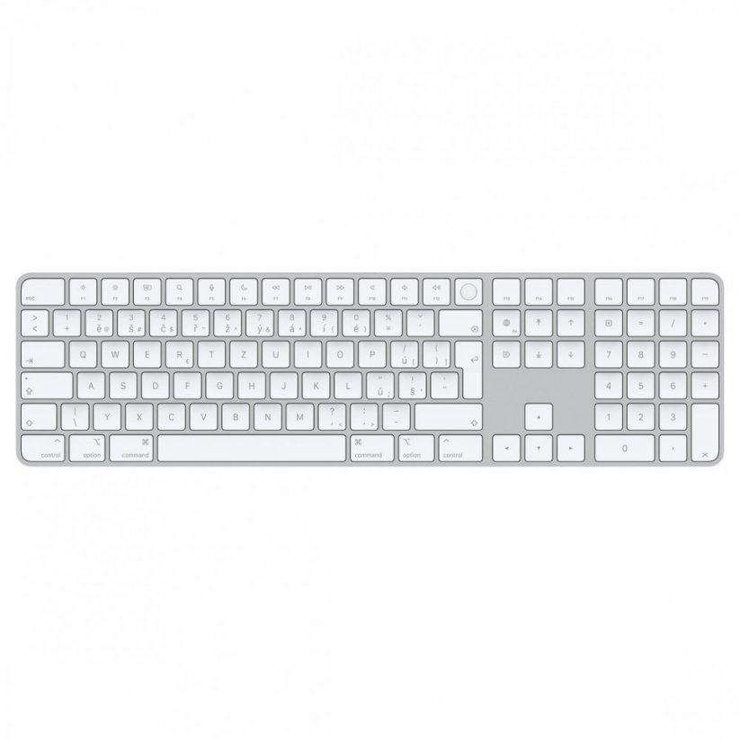 Pohled shora na bílou Apple Magic Keyboard s Touch ID a číselnou klávesnicí