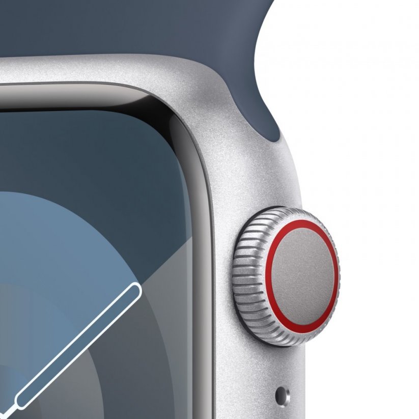 Apple Watch Series 9 Cellular 41mm Stříbrný hliník s bouřkově modrým sportovním řemínkem - M/L