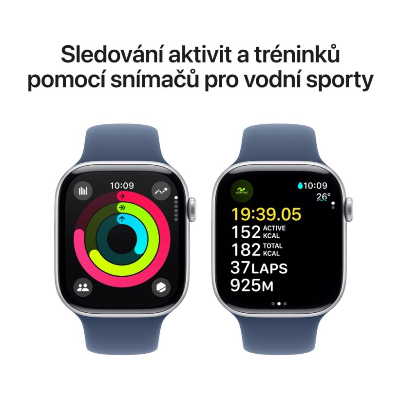 Apple Watch Series 10 42mm stříbrný hliník s denimovým sportovním řemínkem S/M