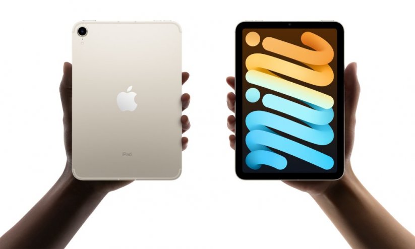 Dva iPady mini ve hvězdně bílé barvě. Na jednom modelu je vidět přední strana, na druhém zadní strana. 