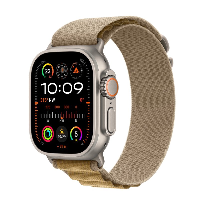Apple Watch Ultra 2 49mm přírodní titan s žlutohnědým alpským tahem M