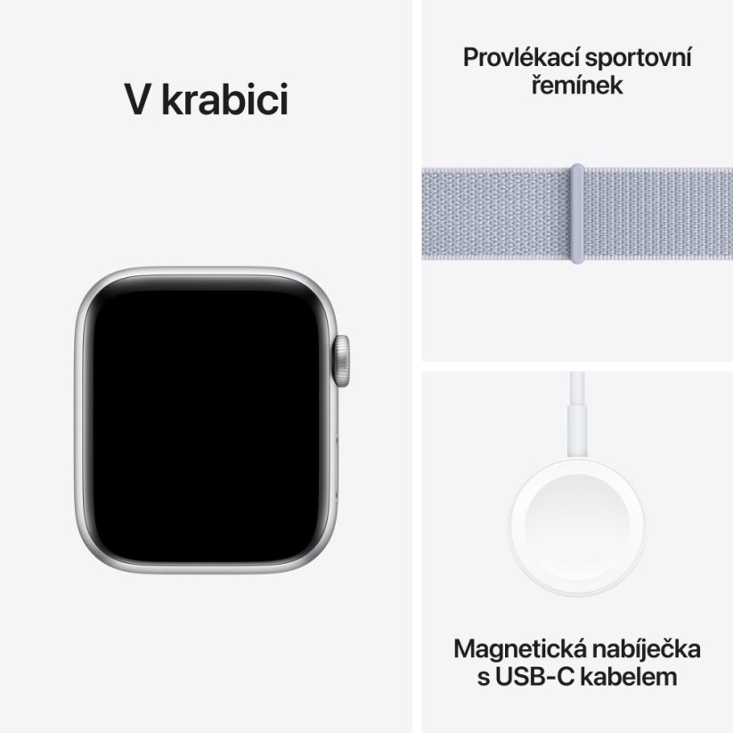 Apple Watch SE 44mm Stříbrný hliník s oblačně modrým provlékacím sportovním řemínkem