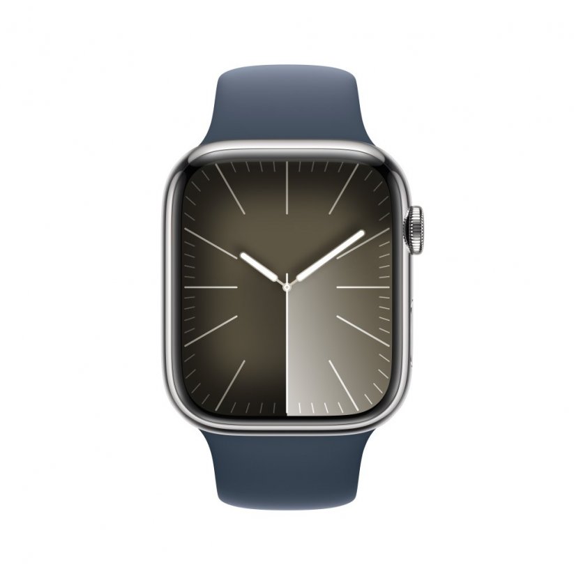 Apple Watch Series 9 Cellular 45mm Stříbrný nerez s bouřkově modrým sportovním řemínkem - M/L