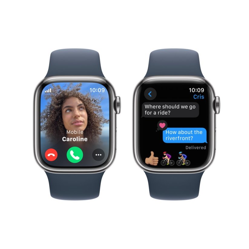 Apple Watch Series 9 Cellular 41mm Stříbrný nerez s bouřkově modrým sportovním řemínkem - M/L
