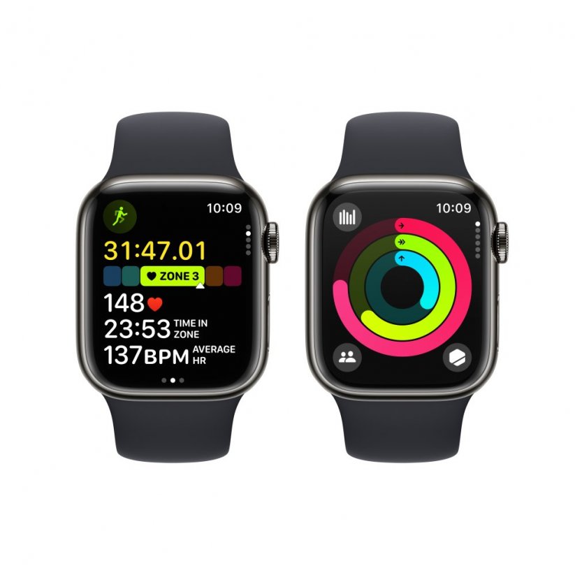 Apple Watch Series 9 Cellular 41mm Grafitově šedý nerez s temně inkoustovým sportovním řemínkem - M/L