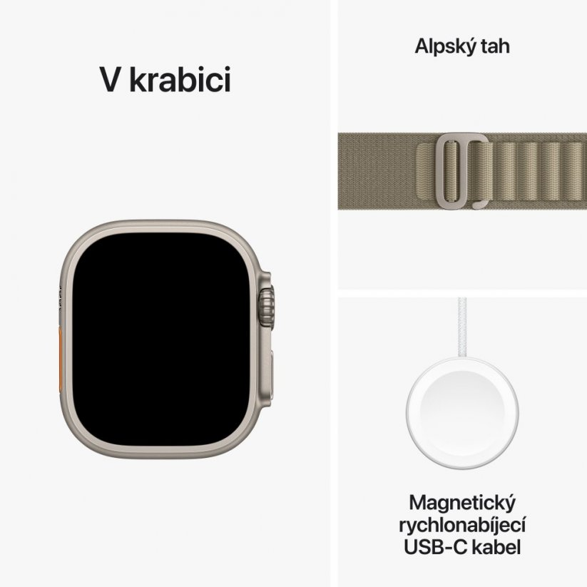 Apple Watch Ultra 2 49mm titanové pouzdro s olivovým alpským tahem - Small