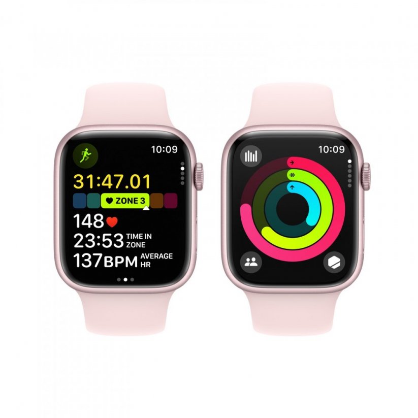 Apple Watch Series 9 45mm Růžový hliník se světle růžovým sportovním řemínkem - S/M