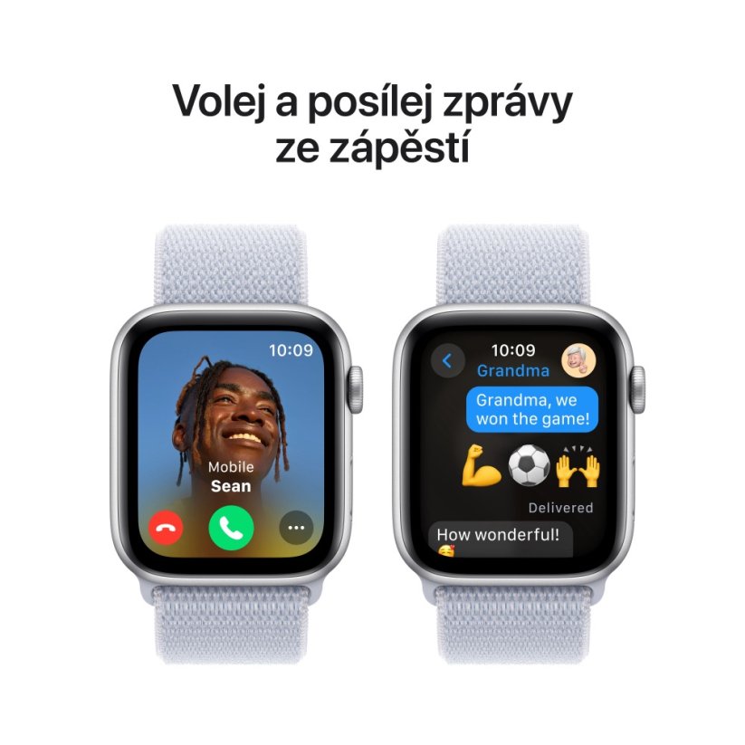 Apple Watch SE 44mm Stříbrný hliník s oblačně modrým provlékacím sportovním řemínkem