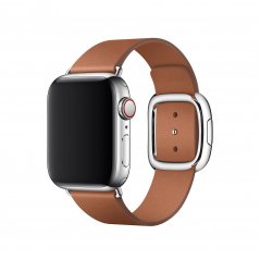 Pohled zboku na Apple Watch s cihlově hnědým řemínkem a moderní přezkou