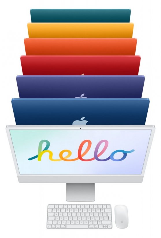 Pohled zepředu na stříbrný iMac M1 a na šest různě barevných iMaců v pozadí