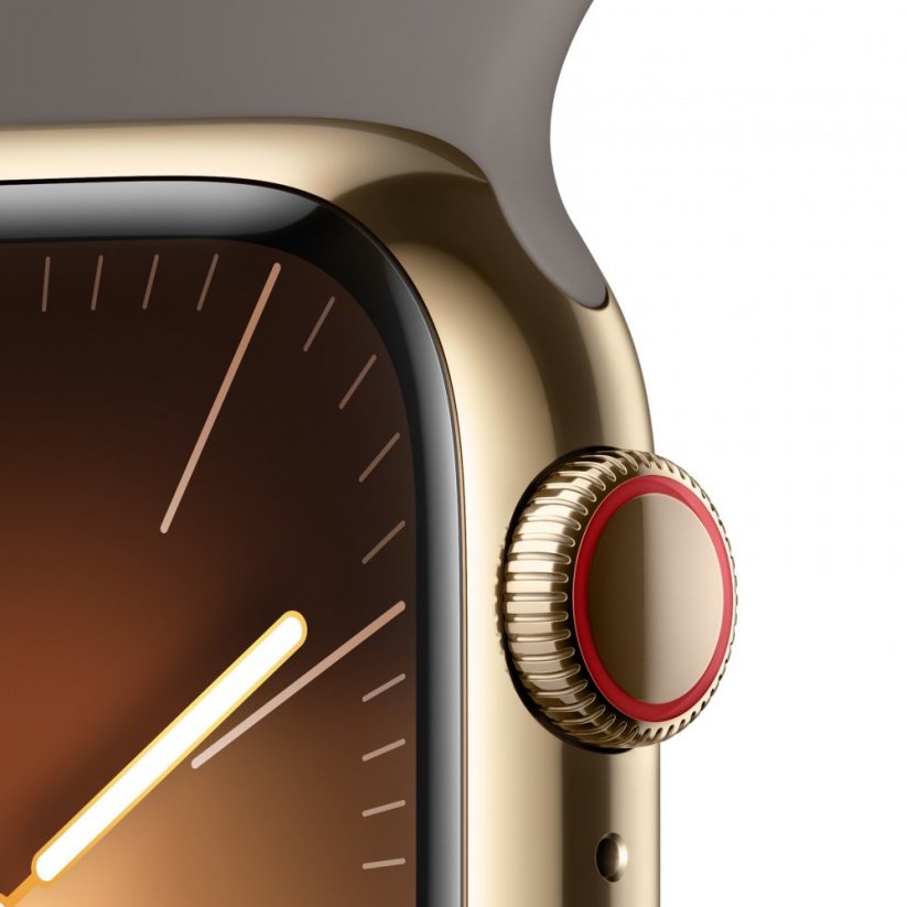 Apple Watch Series 9 Cellular 41mm Zlatý nerez s jílově šedým sportovním řemínkem - M/L