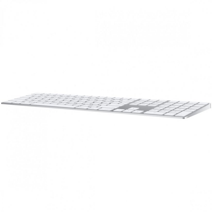 Pohled zboku na bílou Apple Magic Keyboard s číselnou klávesnicí