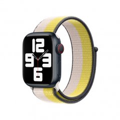 Pohled zboku na Apple Watch s ovesně mléčným / citrusově žlutým provlékacím sportovním řemínkem