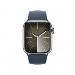 Apple Watch Series 9 Cellular 41mm Stříbrný nerez s bouřkově modrým sportovním řemínkem - M/L
