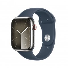 Apple Watch Series 9 Cellular 45mm Stříbrný nerez s bouřkově modrým sportovním řemínkem - S/M