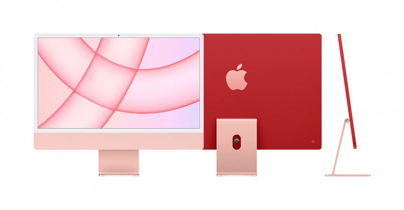 Pohled zepředu, zezadu a z boku na růžový iMac M1