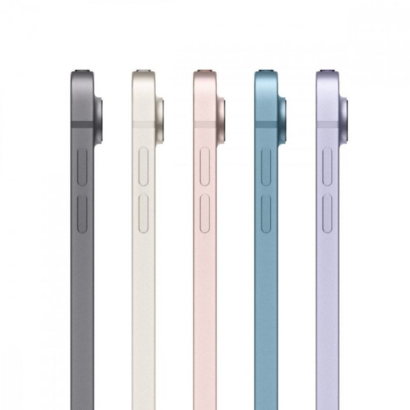 Pohled z boku na iPad Air v barvách vesmírně šedé, hvězdně bílé, růžové, modré a fialové
