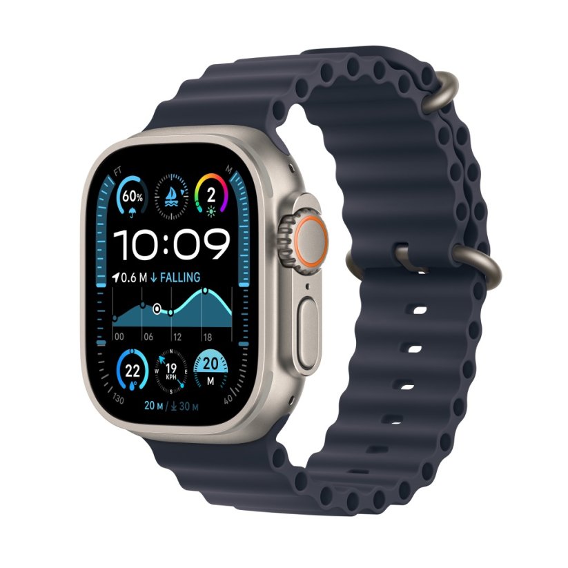 Apple Watch Ultra 2 49mm přírodní titan s námořnicky modrým oceánským řemínkem
