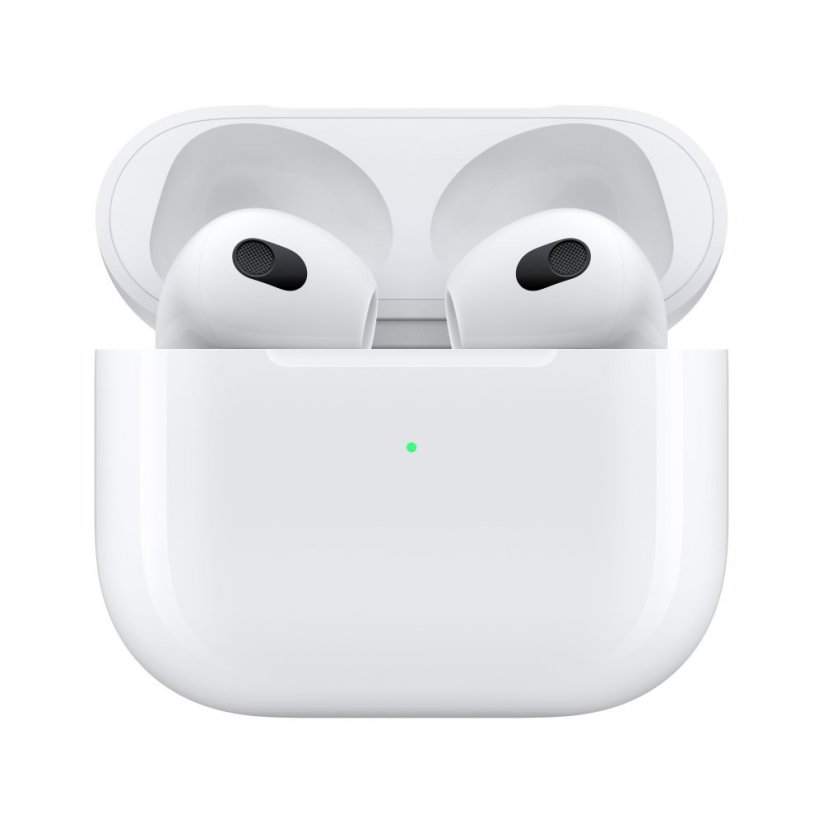 Pohled zepředu na Apple AirPods 3. generace s MagSafe nabíjecím pouzdrem