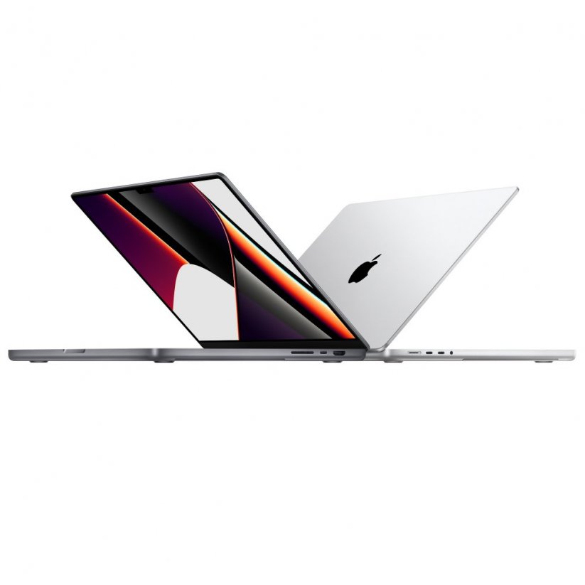 Boční pohled na dva pootevřené stříbrné MacBooky Pro s čipem M1