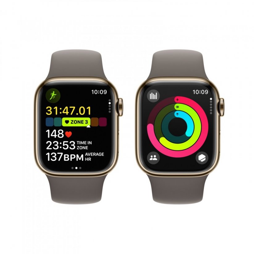 Apple Watch Series 9 Cellular 41mm Zlatý nerez s jílově šedým sportovním řemínkem - S/M