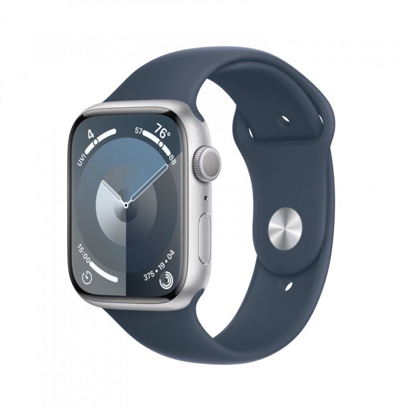 Apple Watch Series 9 45mm Stříbrný hliník s bouřkově modrým sportovním řemínkem - S/M