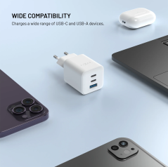 FIXED Síťová GaN nabíječka Mini s 2xUSB-C a USB výstupem, podpora PD, 65W, bílá