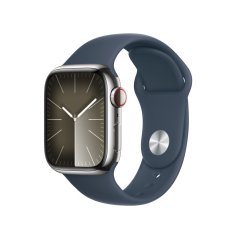 Apple Watch Series 9 Cellular 41mm Stříbrný nerez s bouřkově modrým sportovním řemínkem - S/M
