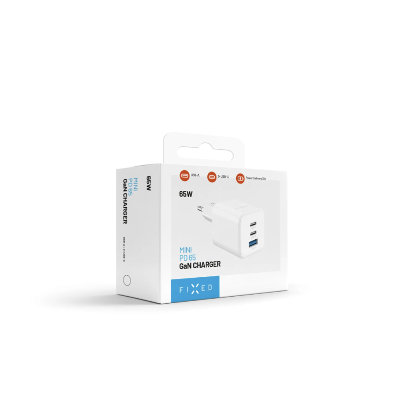 FIXED Síťová GaN nabíječka Mini s 2xUSB-C a USB výstupem, podpora PD, 65W, bílá