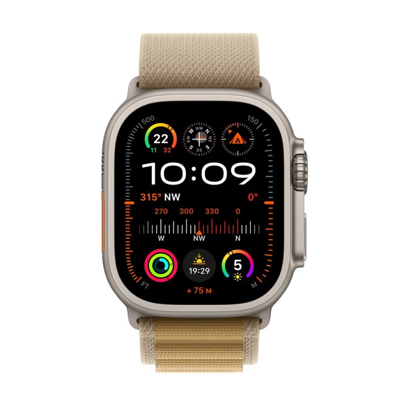 Apple Watch Ultra 2 49mm přírodní titan s žlutohnědým alpským tahem M
