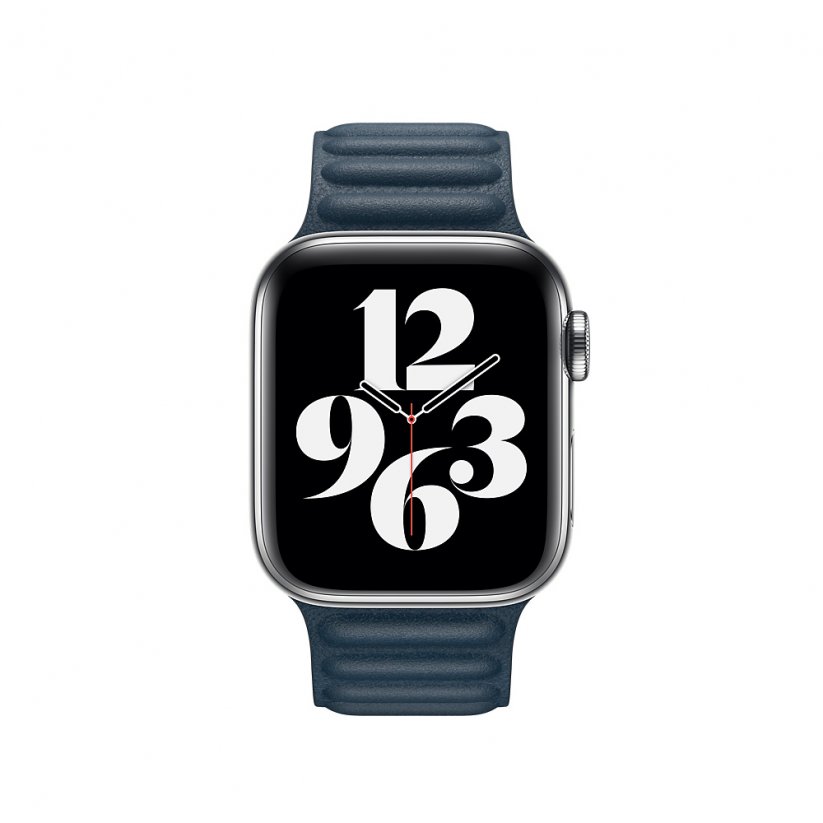 Pohled zepředu na Apple Watch s Baltsky modrým koženým tahem
