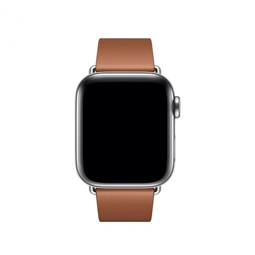Pohled zepředu na Apple Watch s cihlově hnědým řemínkem a moderní přezkou