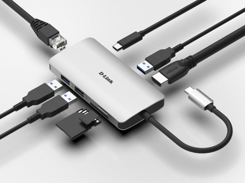 D-Link 8 v 1 adaptér z USB-C na HDMI, Gigabit Ethernet, se čtečkou SD/microSD karet a funkcí Power Delivery