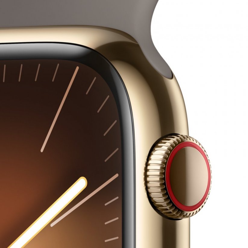 Apple Watch Series 9 Cellular 45mm Zlatý nerez s jílově šedým sportovním řemínkem - S/M
