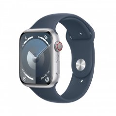 Apple Watch Series 9 Cellular 45mm Stříbrný hliník s bouřkově modrým sportovním řemínkem - M/L