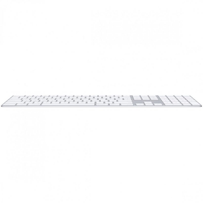 Pohled zepředu na bílou Apple Magic Keyboard s číselnou klávesnicí