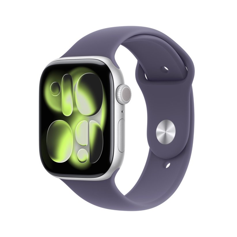 Apple Watch Series 11 42mm stříbrný hliník s mlžně fialovým sportovním řemínkem M/L