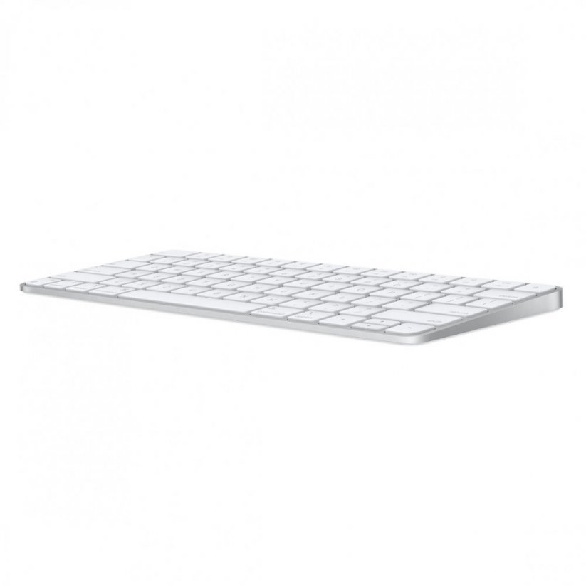 Pohled zboku na bílou Apple Magic Keyboard