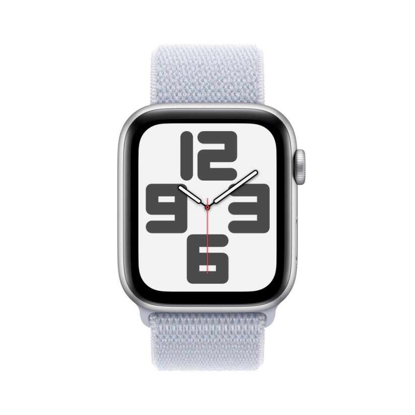 Apple Watch SE 44mm Stříbrný hliník s oblačně modrým provlékacím sportovním řemínkem