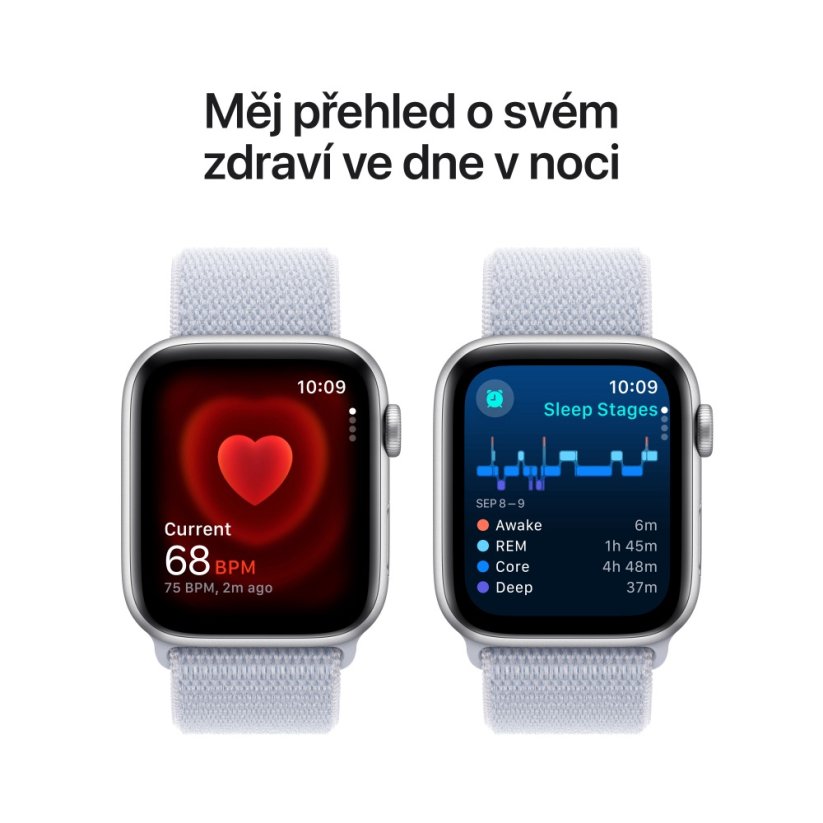 Apple Watch SE 44mm Stříbrný hliník s oblačně modrým provlékacím sportovním řemínkem