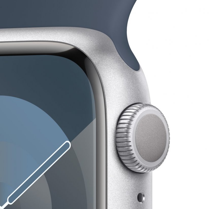 Apple Watch Series 9 41mm Stříbrný hliník s bouřkově modrým sportovním řemínkem - M/L