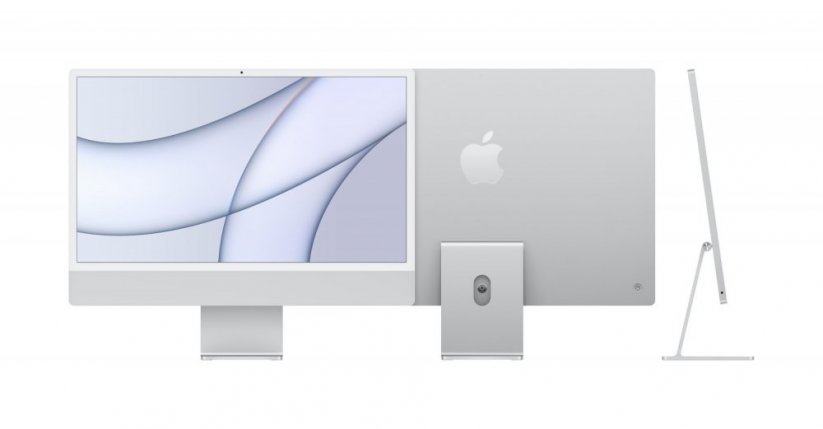 Pohled zepředu, zezadu a z boku na stříbrný iMac M1