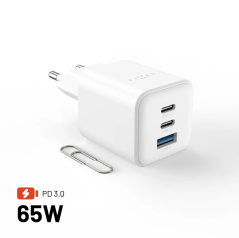 FIXED Síťová GaN nabíječka Mini s 2xUSB-C a USB výstupem, podpora PD, 65W, bílá