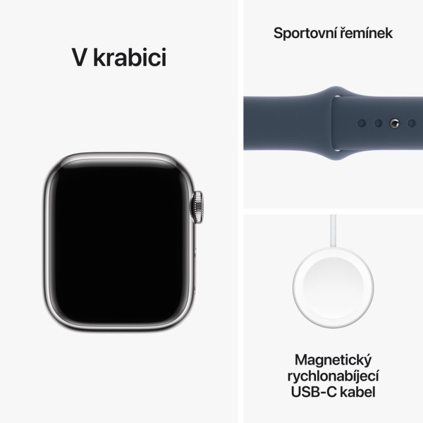 Apple Watch Series 9 Cellular 41mm Stříbrný nerez s bouřkově modrým sportovním řemínkem - M/L