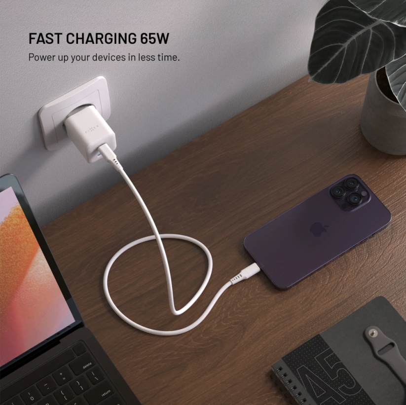 FIXED Síťová GaN nabíječka Mini s 2xUSB-C a USB výstupem, podpora PD, 65W, bílá