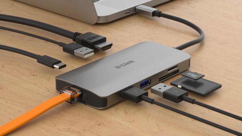 D-Link 8 v 1 adaptér z USB-C na HDMI, Gigabit Ethernet, se čtečkou SD/microSD karet a funkcí Power Delivery